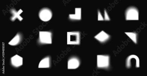 White geometric shapes with blur effect, abstract blurry forms. Various basic shape with soft edges on black background, blurred silhouette  circle and square form, modern design element vector set