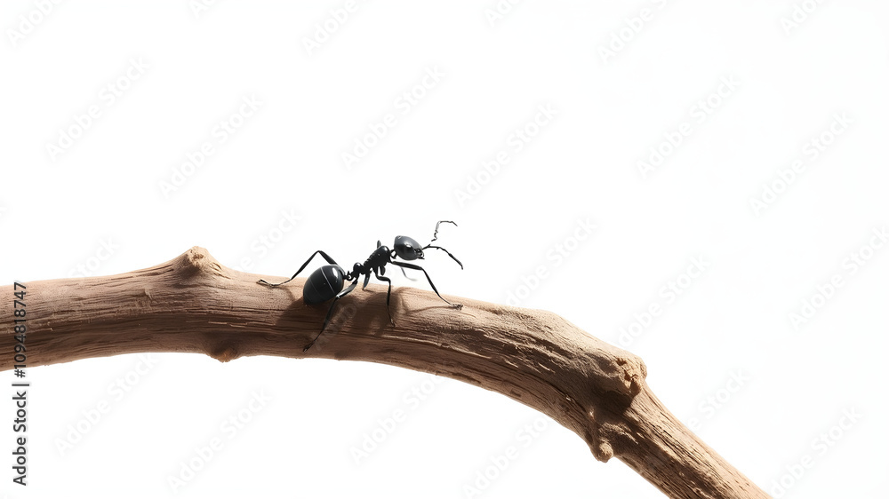 Small black ants walking on a rough branch, simple white background. Small black ants walking on a rough branch, simple white background.