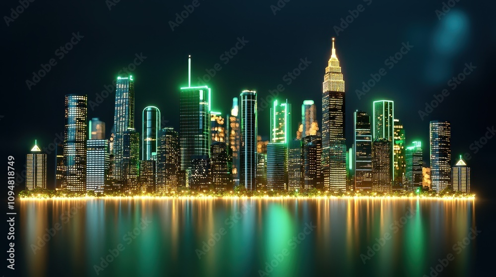 Obraz premium Vibrant Night Cityscape Featuring Skyscrapers with Neon Lights and Reflections on Water Creating a Dynamic Urban Atmosphere