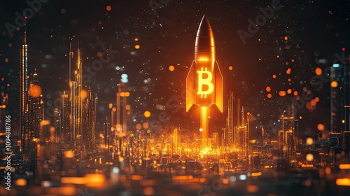 A rocket launching off with ascending arrows and a bitcoin indication photo