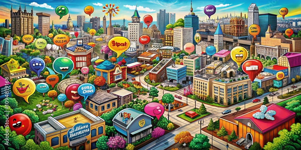 Fototapeta premium Aerial View of a Vibrant Cityscape with Cartoon Speech Bubbles Emphasizing Local Attractions and Events in a Dynamic, Engaging Composition for Creative Use