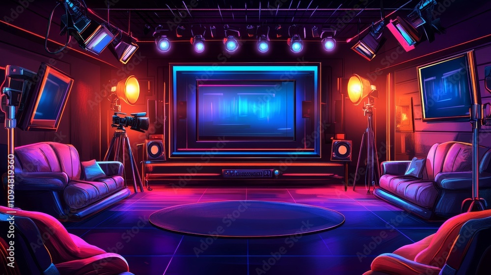 A Luxurious Home Theater Room with Neon Lighting and a Large Screen A Luxurious Home Theater Room with Neon Lighting and a Large Screen