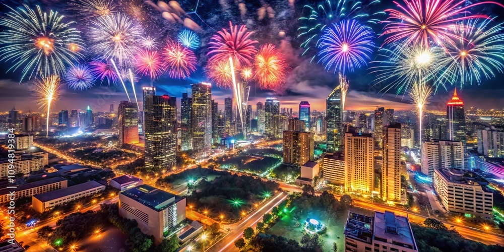 Obraz premium Aerial View of a Vibrant New Year Celebration with Fireworks Over a Cityscape at Midnight, Showcasing Illuminated Buildings and Festive Atmosphere