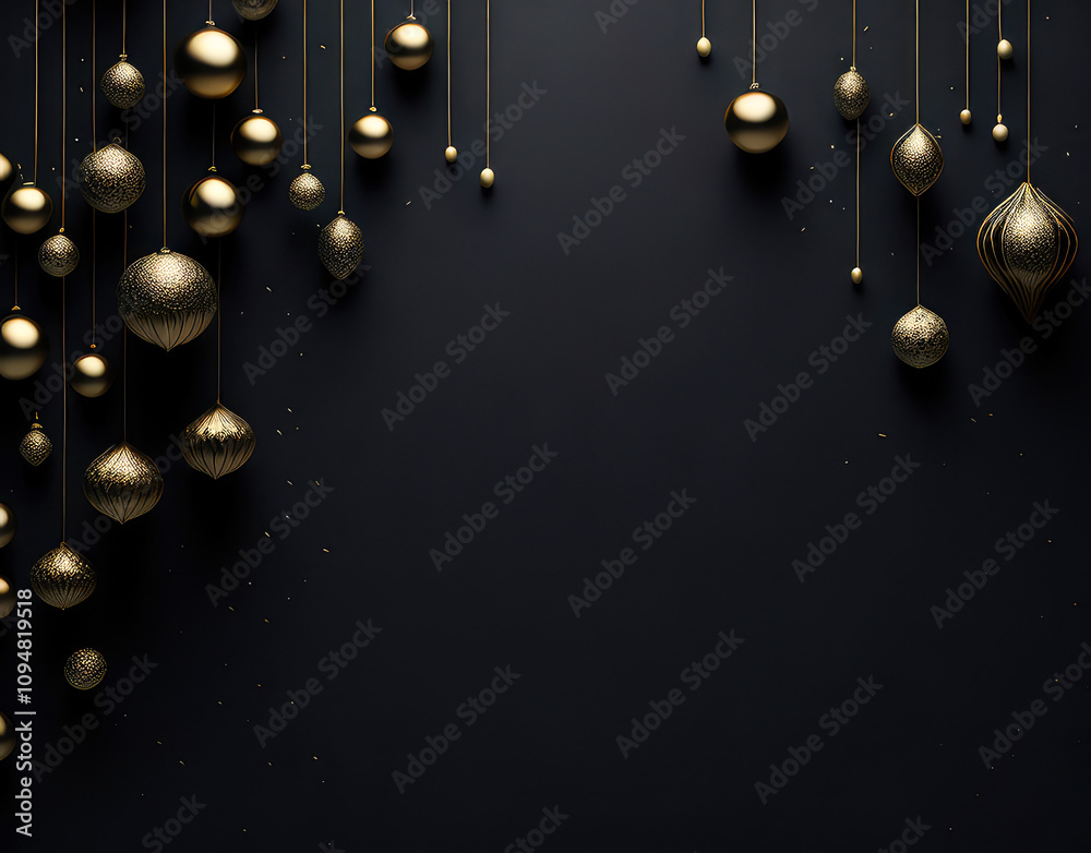 Obraz premium Christmas banner. Christmas tree branches decorated copper color stars and balls on black background. Flat lay, top view. Xmas banner mockup with copy space.