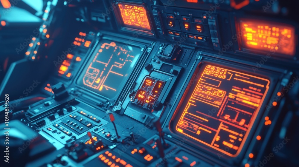 Futuristic spaceship cockpit with glowing digital displays and control panels. Futuristic spaceship cockpit with glowing digital displays and control panels.
