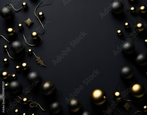 Golden chrismas balls and bells Close-u, dark black background and Shiny golden lights