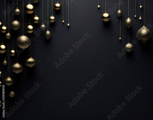 Christmas banner. Christmas tree branches decorated copper color stars and balls on black background. Flat lay, top view. Xmas banner mockup with copy space.