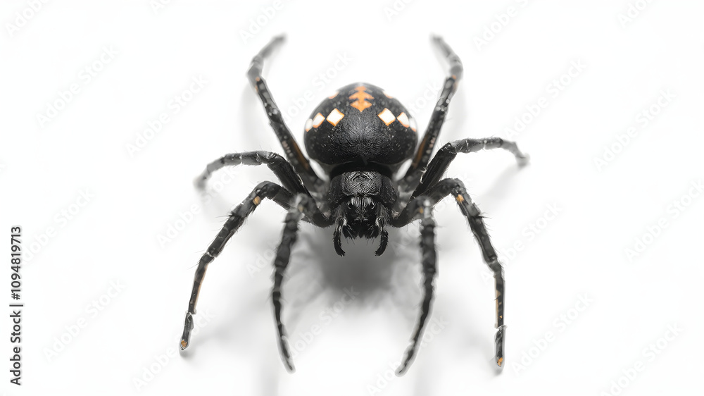 Beautiful black spider sits on a web, plain white background. Beautiful black spider sits on a web, plain white background.
