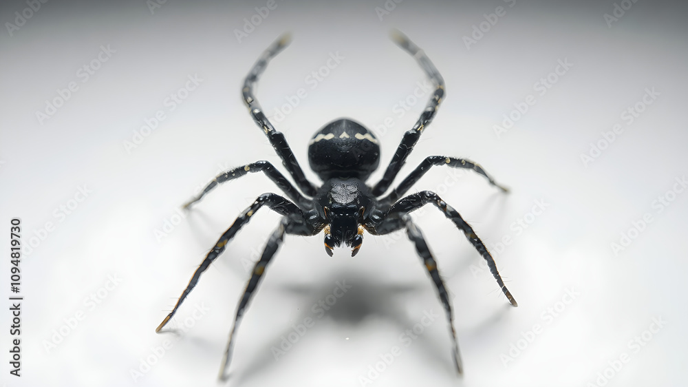 Fototapeta premium Beautiful black spider sits on a web, plain white background.