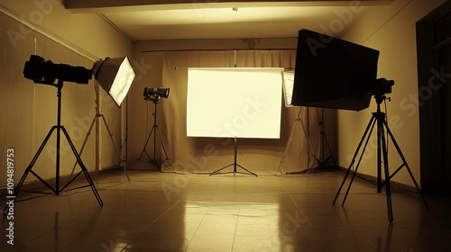 Empty Photography Studio with Lighting Equipment and White Backdrop