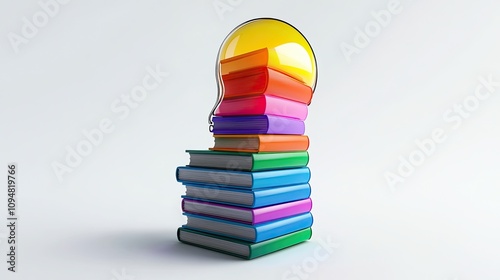 A stack of vibrant books on a white background that resembles a lightbulb. 3D Graphics Rendering photo