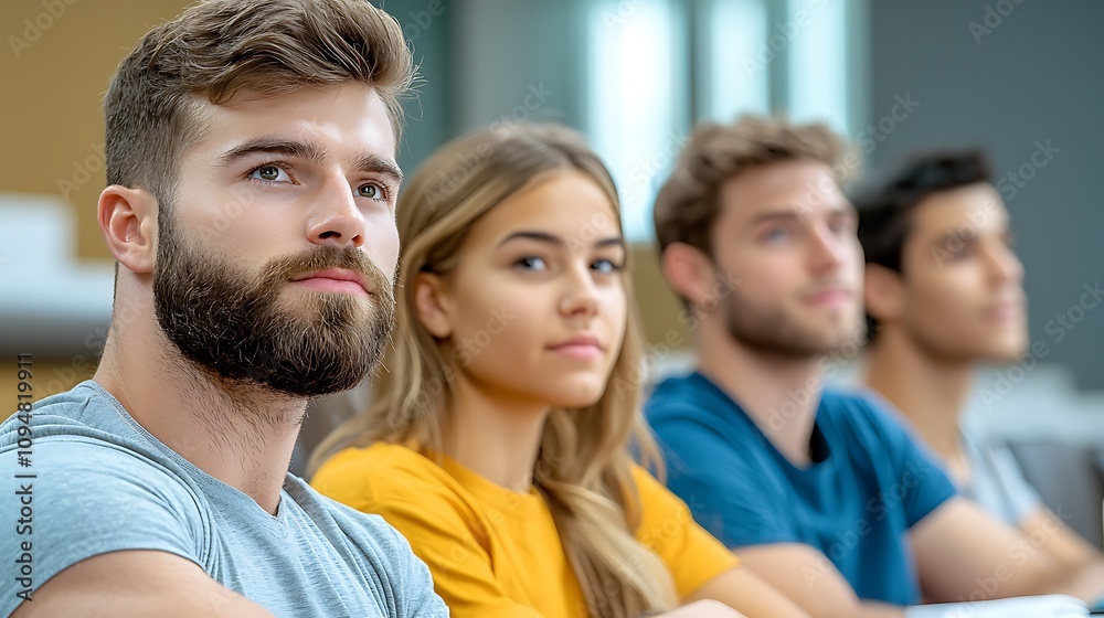 During the lecture, a diverse group of young students, including both men and women, sat attentively in the classroom During the lecture, a diverse group of young students, including both men and women, sat attentively in the classroom