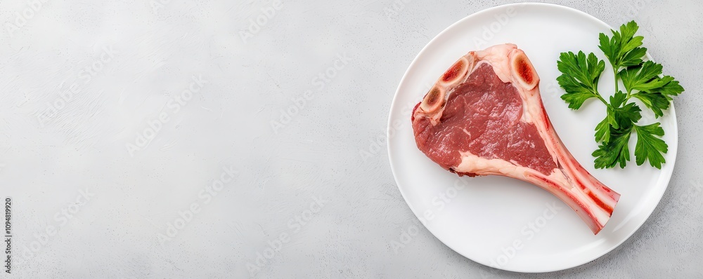 Fresh Lamb Chop on White Plate with Green Parsley Garnish is Ready for Cooking or Grilling in Modern Kitchen Setting, Highlighting Culinary Preparation Fresh Lamb Chop on White Plate with Green Parsley Garnish is Ready for Cooking or Grilling in Modern Kitchen Setting, Highlighting Culinary Preparation