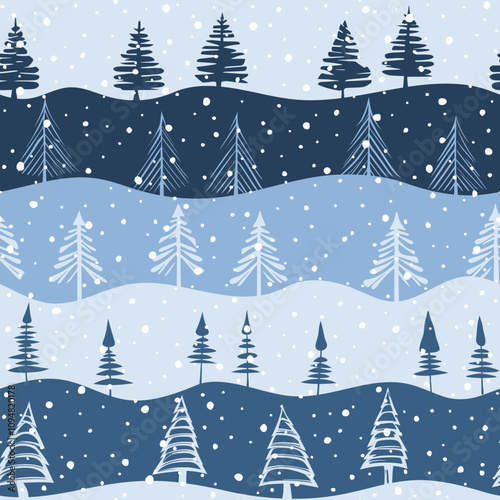 Winter vector background, seamless pattern, hills and trees, snowfall