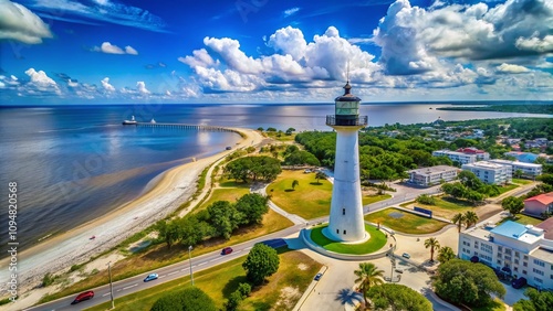 Aerial View of Biloxi Lighthouse Surrounded by Scenic Coastline and Vibrant Blue Waters of the Gulf of Mexico, Showcasing the Historical Landmark and Beautiful Beaches of Biloxi, MS