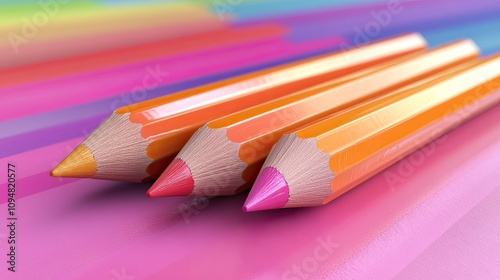 Three cartoon pencils with a background of stripes in various colors. 3D illustration photo