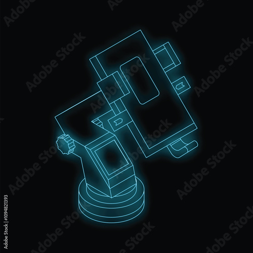 Neon blue stylized vector illustration of a telescope pointing up at the sky