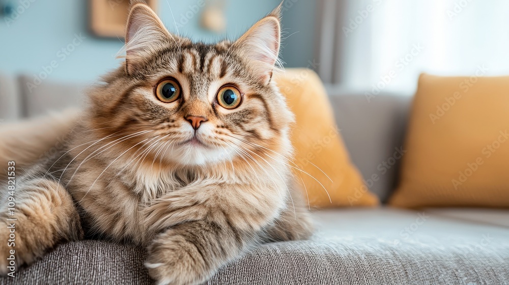 Playful fluffy scottish fold cat relaxing at home cozy living room charming closeup perspective