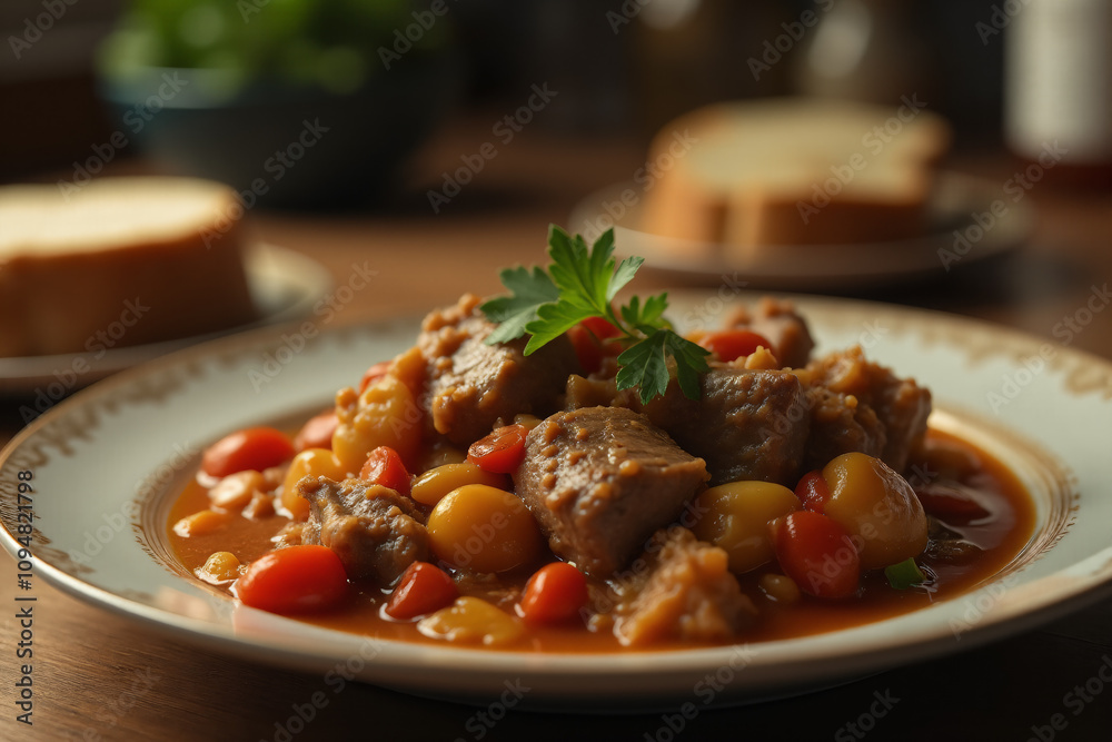 hot vegetable stew with meat in a plate, on kitchen table with slices of bread. hot vegetable stew with meat in a plate, on kitchen table with slices of bread.