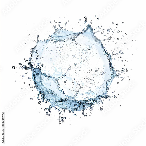 Water splashing in the shape of a sphere, white background, blue water splash, water droplets flying upwards, water drops falling down