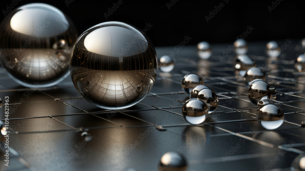 Metallic grids encased in floating transparent orbs. Background/Wallpaper