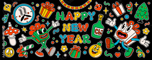 Groovy happy new year stickers with Santa Claus, Christmas tree, gift charact...