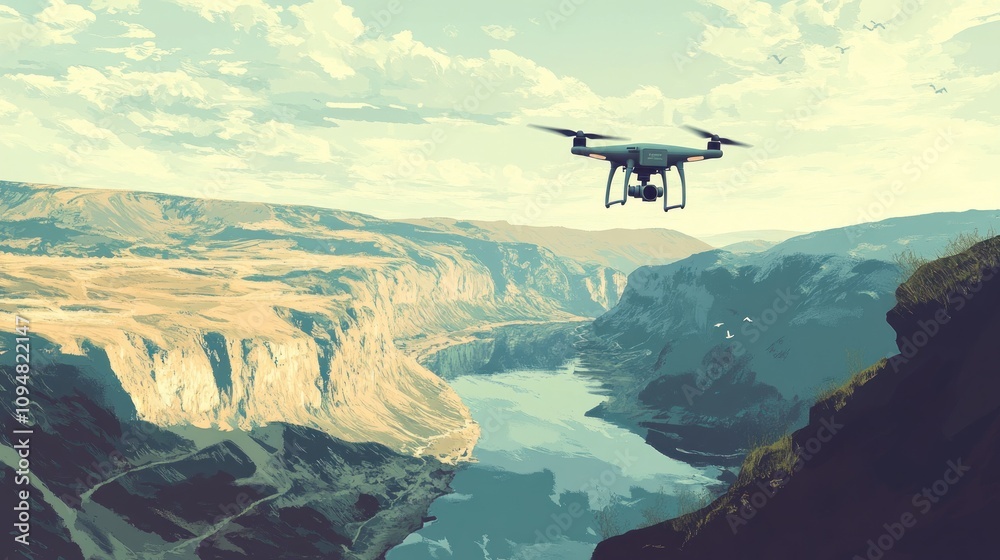 Drone flying over a scenic canyon landscape.