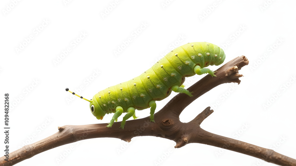 Naklejka premium A bright green caterpillar is crawling on a branch.
