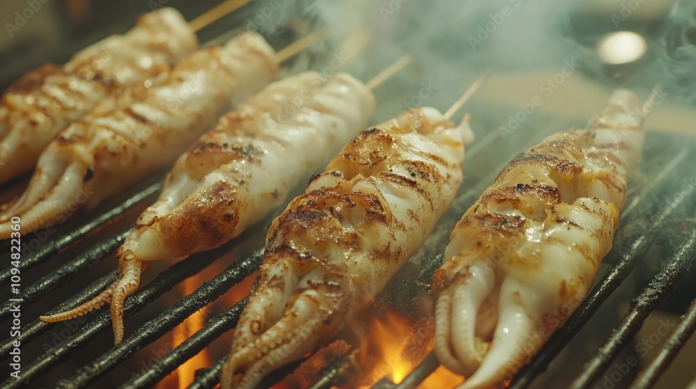 A close-up view of grilled squid skewers on a barbecue grill, with char marks highlighting the cooking process and smoke wafting in the air. A close-up view of grilled squid skewers on a barbecue grill, with char marks highlighting the cooking process and smoke wafting in the air.