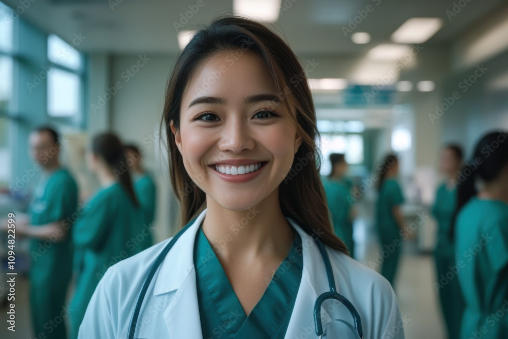 Close portrait of a smiling young Filipino woman doctor looking at the camera, Filipino hospital blurred background Close portrait of a smiling young Filipino woman doctor looking at the camera, Filipino hospital blurred background