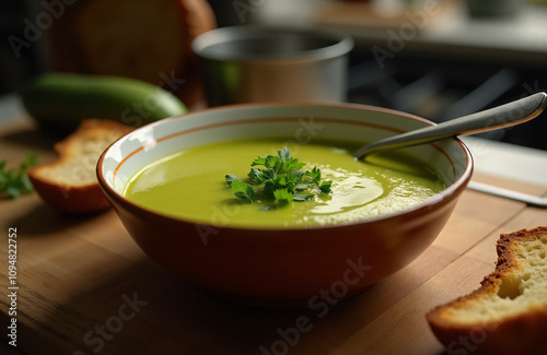 Hot zucchini soup puree in tureen with slices of bread on the kitchen table. photo