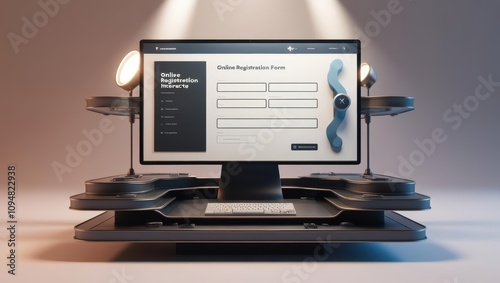 A modern computer setup featuring a sleek monitor with a user interface, surrounded by unique speaker-like devices, emphasizing technology and design.