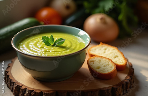 Hot zucchini soup puree in tureen with slices of bread on the kitchen table. photo