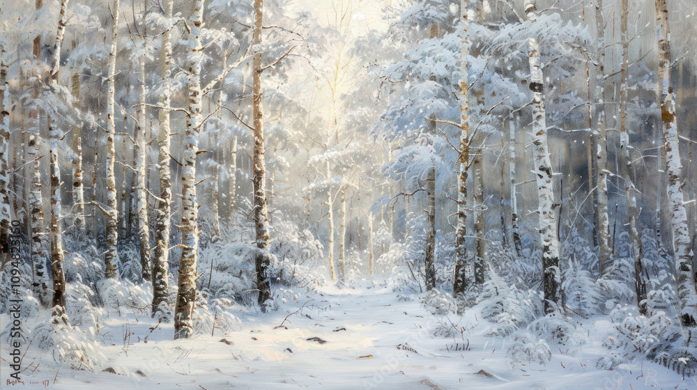 Dense forest of snowy trees, with soft light filtering through, creating a calm and quiet winter scene Dense forest of snowy trees, with soft light filtering through, creating a calm and quiet winter scene