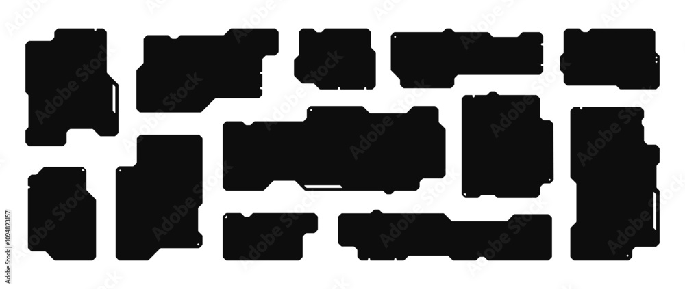 Blank futuristic frame, black sci-fi dashboard panel template. Abstract tech digital interface screen panels, empty cyberpunk decal shapes, retro futuristic UI graphic design element vector set