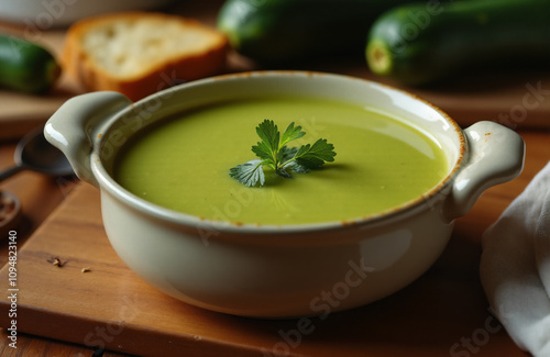 Hot zucchini soup puree in tureen with slices of bread on the kitchen table.