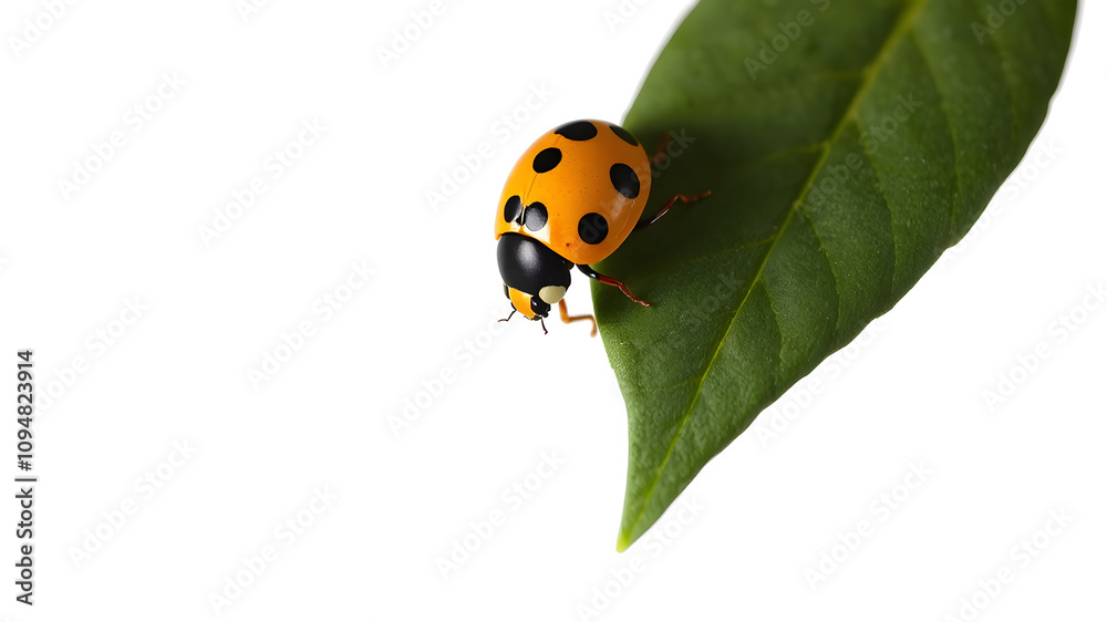 Fototapeta premium Yellow and black ladybug perched on dark green leaf, plain white background.