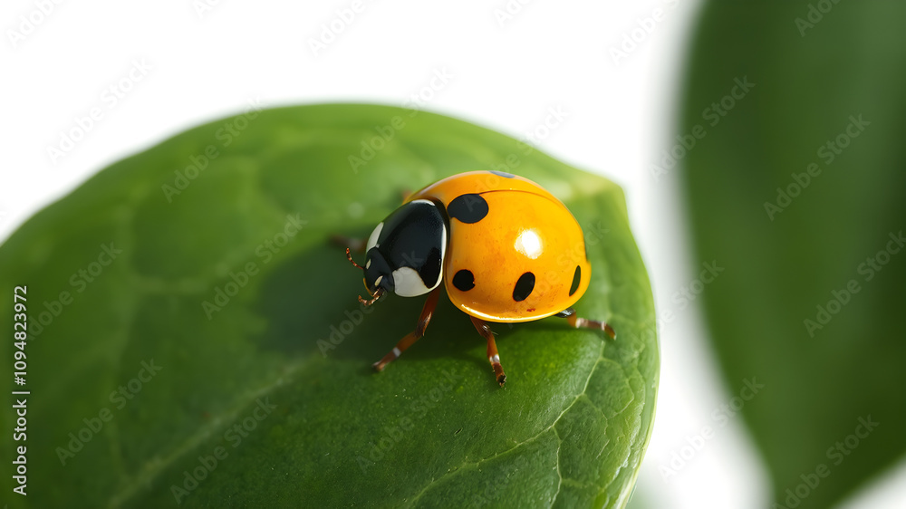 Naklejka premium Yellow and black ladybug perched on dark green leaf, plain white background.
