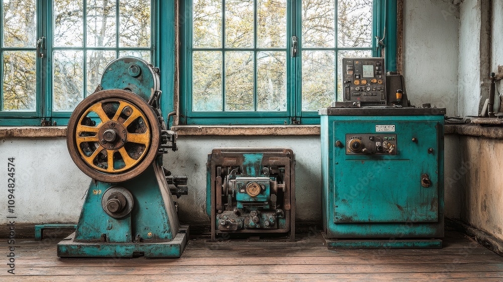 Fototapeta premium Abandoned Industrial Machinery in a Rustic Workshop
