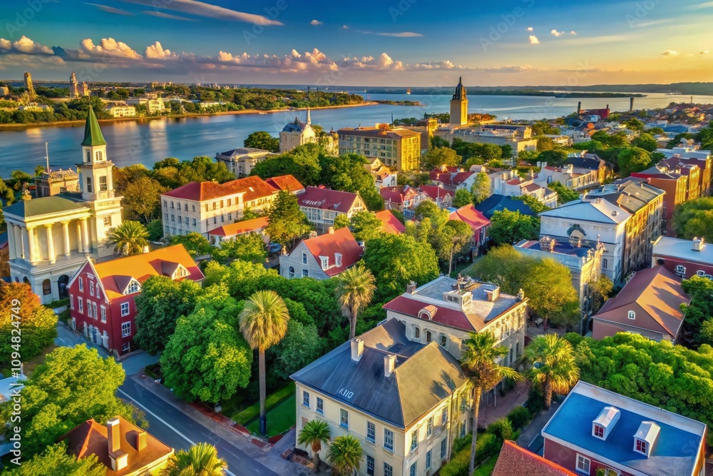 Obraz premium Aerial View of Historic Charleston, SC Showcasing Iconic Architecture, Cobblestone Streets, and Vibrant Waterfront – A Stunning Drone Photography Perspective of Southern Charm