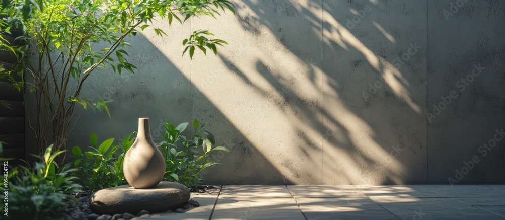 Serene Minimalist Garden: A Vase in Sunlight