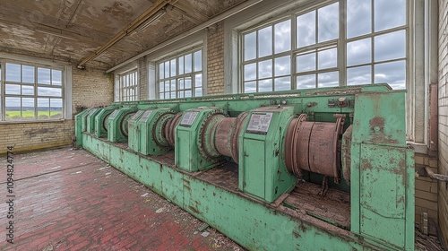 Abandoned Industrial Factory with Rusting Machinery and Large Windows