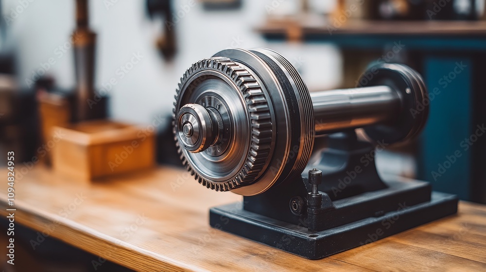 Close-up of a Large Gear Mechanism on a Wooden Table