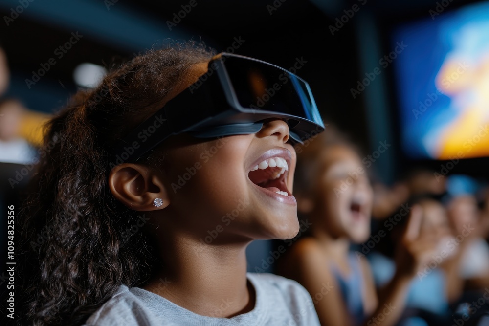 A girl wearing virtual reality goggles laughs joyfully, immersed in an exciting cinematic experience that showcases the thrill of modern technology and storytelling. A girl wearing virtual reality goggles laughs joyfully, immersed in an exciting cinematic experience that showcases the thrill of modern technology and storytelling.