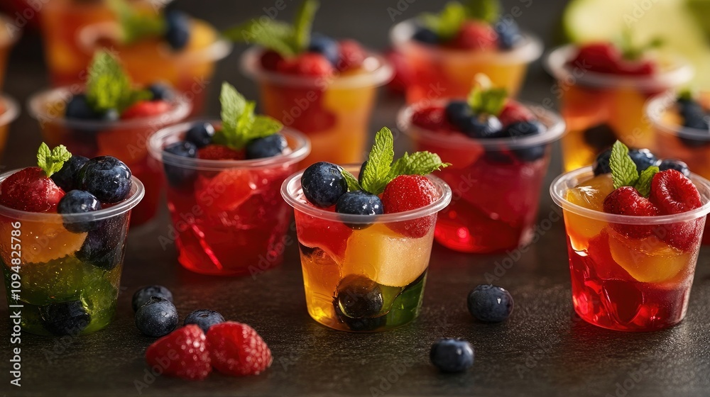 A creative display of assorted jelly desserts in small cups, garnished with fresh fruit slices and mint leaves, perfect for a summer treat. A creative display of assorted jelly desserts in small cups, garnished with fresh fruit slices and mint leaves, perfect for a summer treat.