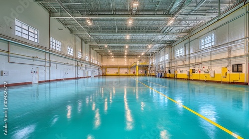 Empty Industrial Building with Teal Epoxy Floor and Yellow Lines