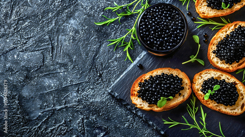 Black caviar served on an elegant black platter and a slice of toasted bread. The image of the caviar is styled for an advertisement or commercial, showcasing this luxurious and expensive fish delicac photo