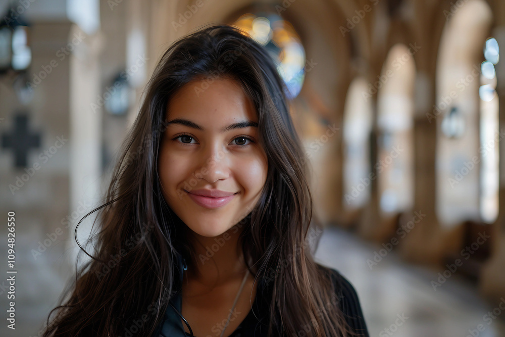 Generative AI Portrait of Peaceful Person in Church with Radiant Light and Religious Reverence Generative AI Portrait of Peaceful Person in Church with Radiant Light and Religious Reverence
