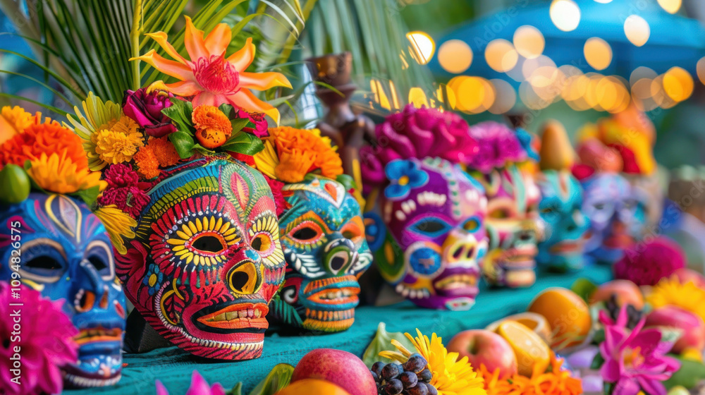 Vibrant festival table adorned with fruits carved into detailed masks and colorful flowers, vibrant mood with bold colors, festival lights in the background Vibrant festival table adorned with fruits carved into detailed masks and colorful flowers, vibrant mood with bold colors, festival lights in the background