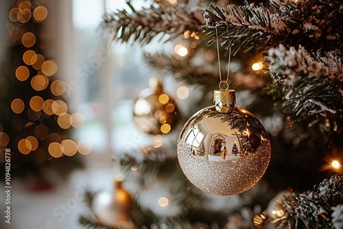 hyper realistic photo of  Close up view of beautiful fir branches with shiny golden bauble or ball, xmas ornaments and lights, Christmas holidays background photo